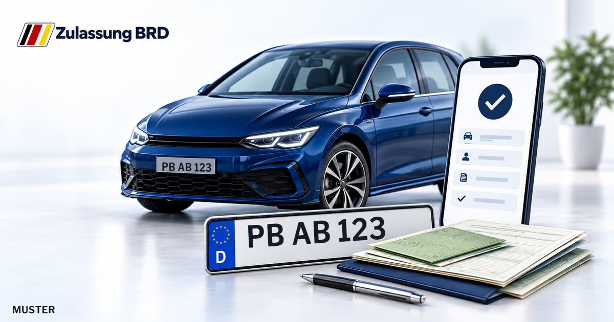 Online Fahrzeugzulassung in Hövelhof: Musterkennzeichen PB AB 123, Auto und Fahrzeugpapiere und Smartphone. Illustration mit Logo von Zulassung BRD.